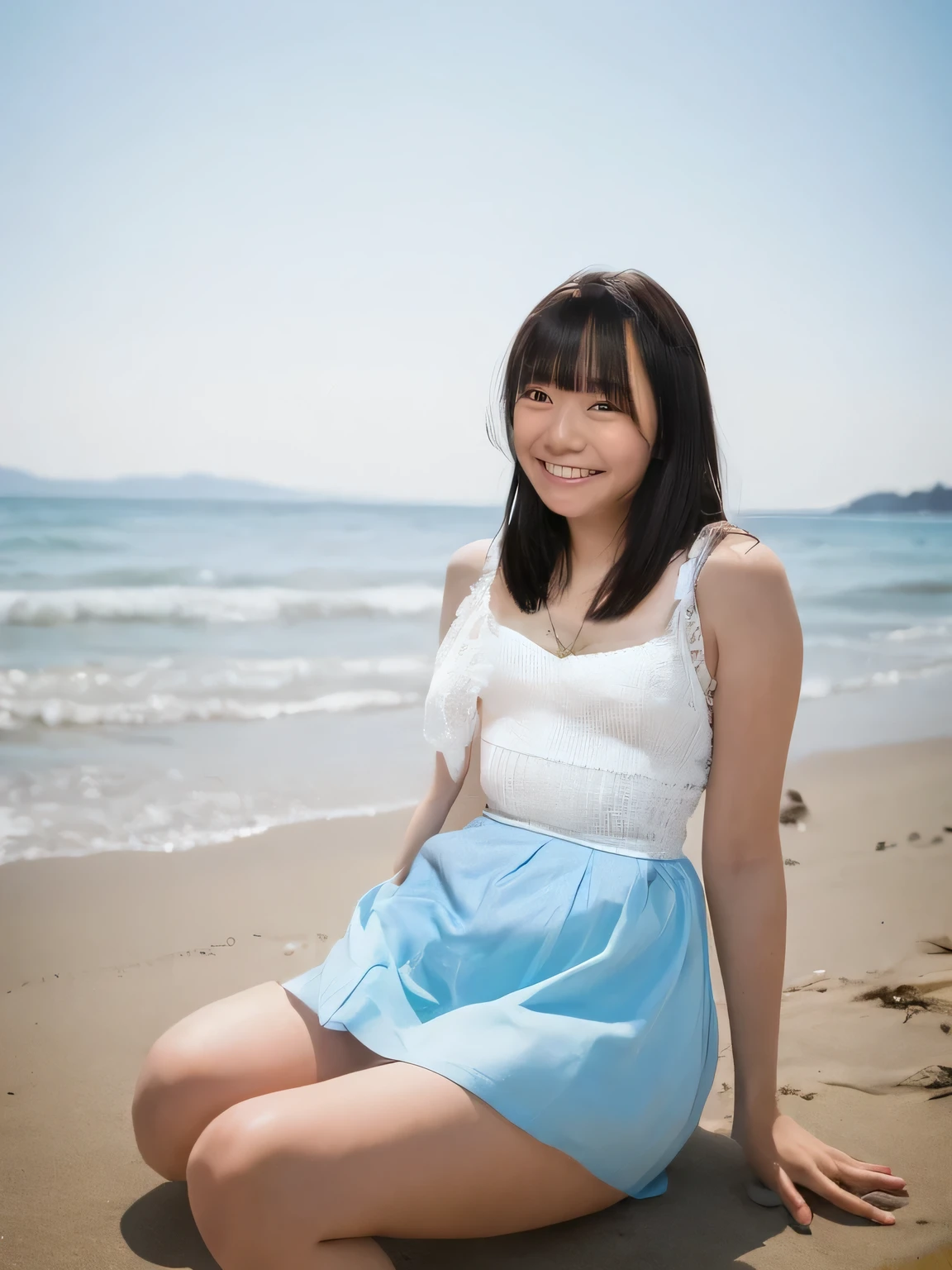 Highest quality,Super detailed,A single woman sitting on the beach of Enoshima coast, looking up at this direction.,Posing for a photo,Distant scenery is blurry,Illuminated by sunlight