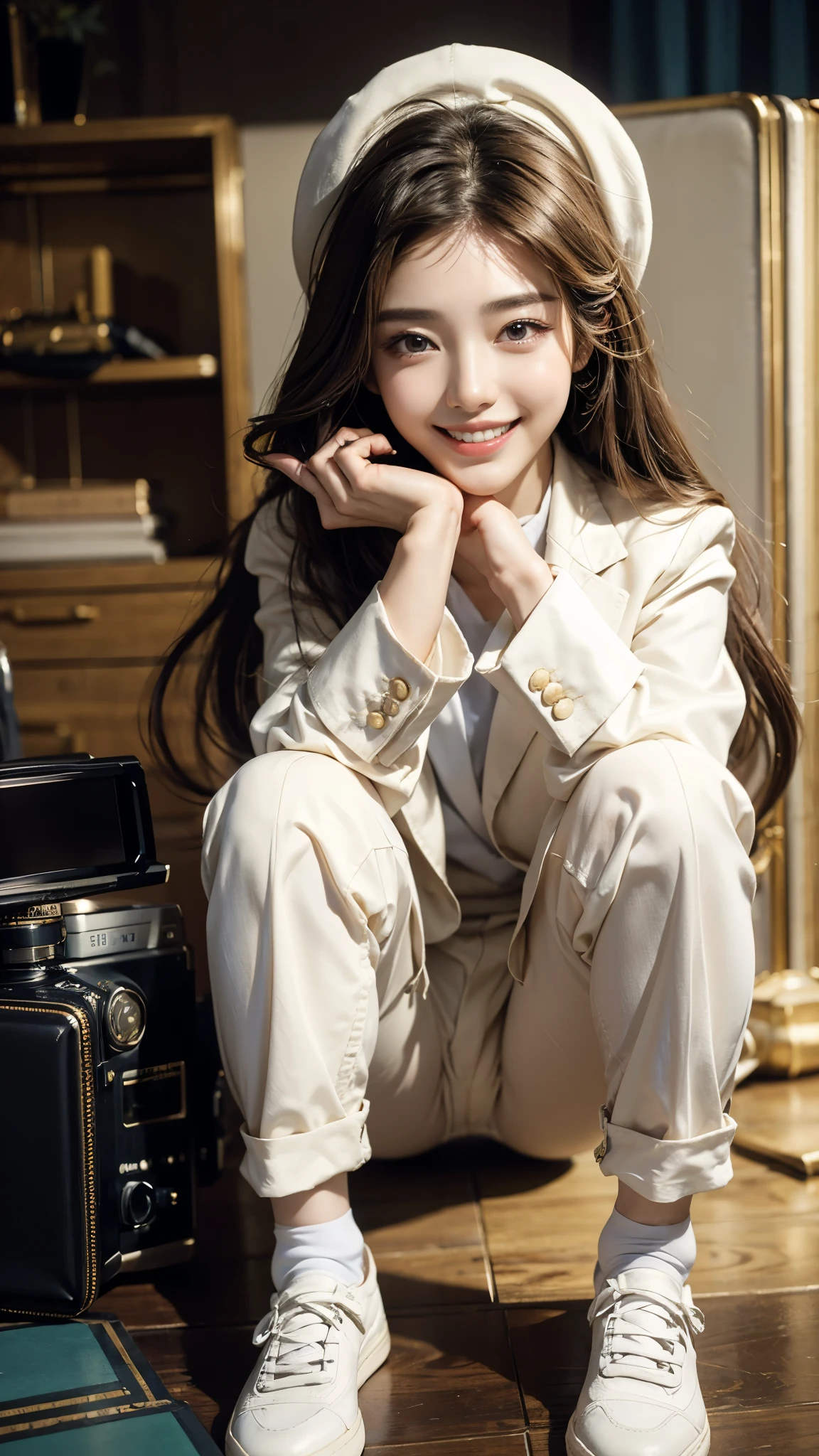 Highest quality, masterpiece, Ultra-high resolution,8k,((Toothy smile portrait:1.4)), (Realistic:1.6), ((A radiant smile)), RAW Photos,((Korean drama appearances)),((Full body photo)),1 person,Slim 22 year old adult female,((White business suit)),((Pants look)),((Full of smiles, )) ,((Long Hair)),oil((acting for the camera:1.6)),Face Focus:1.4,((Korean drama appearancesの撮影:1.15)),