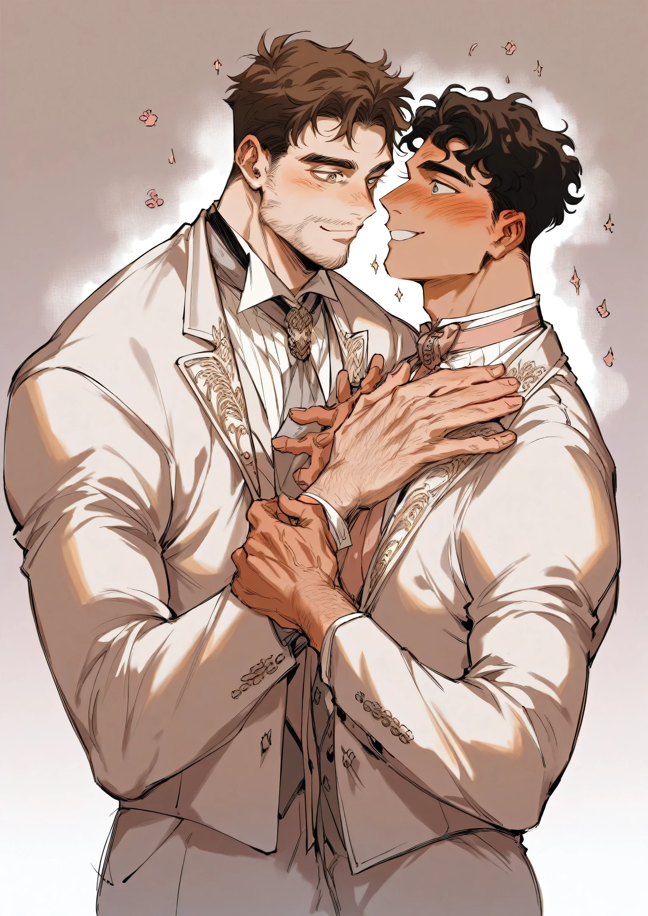 masculine man, muscular, deailed body, gay, detailed, elegant suit, hairy body, veiny hands, magenta, gentle smile, blushed, happy aura,