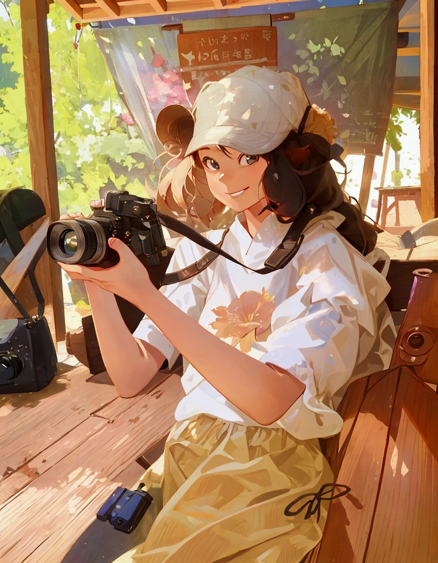 there is a woman sitting on a wooden bench holding a camera, while smiling for a photograph, looking the camera, looking to the camera, photography, looking to camera, looking at the camera, smiling at the camera, looks at the camera, photo portrait, photo taken in 2 0 2 0, national geographic photo shoot, smiling for the camera
