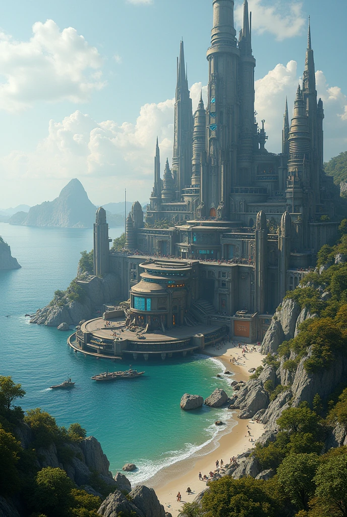 Cyberpunk base of operations with futuristic castle touches, with space for special crops, a dinosaur nursery and a place to park dragons with space to the open sea 