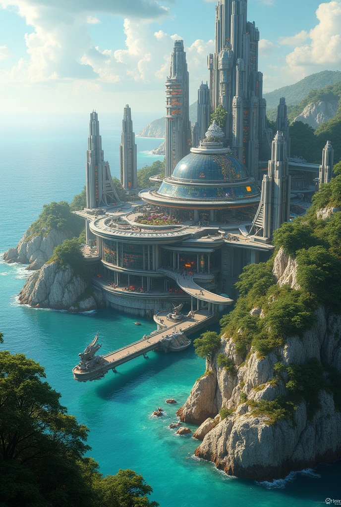 Cyberpunk base of operations with futuristic castle touches, with space for special crops, a dinosaur nursery and a place to park dragons with space to the open sea