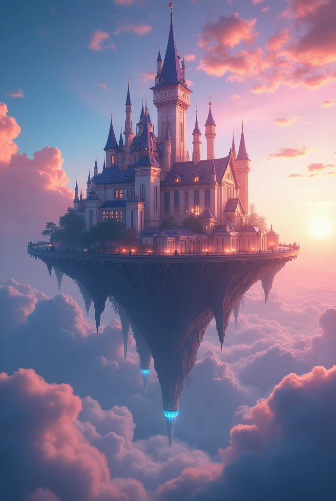 There is a castle in the sky.,There are a lot of clouds around, Feiyun Castle, A huge floating castle, Dream Castle, high Dream Castle, Flying Castle, Magic Castle, Castle floating in the air, The floating palace, Fantasy Very Detailed, Sky Castle Style, An epic castle with towering spires, futuristic castle, magic fantasy,window very detailed,sky has seven-colored light,Warm feeling,Romantic and cozy