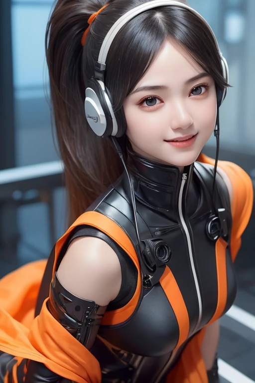 Top Quality, Masterpiece, Ultra High Resolution, (Photorealistic: 1.4), Raw Photo, 1 Girl, Black Hair, Glossy Skin, 1 Mechanical Girl, (((Ultra Realistic Details)), Portrait, Global Illumination, Shadows, Octane Rendering, 8K, Ultra Sharp, Intricate Ornaments Details, realistic skin, sweat effect, ((wearing Headphone)), very intricate detail, realistic light, CGSoation trend, brown eyes, glowing eyes, matte black and glossy orange mechanical bodysuit, Long hair, black hair, Ponytail hair, Half body shot, spaceship bridge background, dynamic pose, cute smile, close up, Open Mouth, facing audience