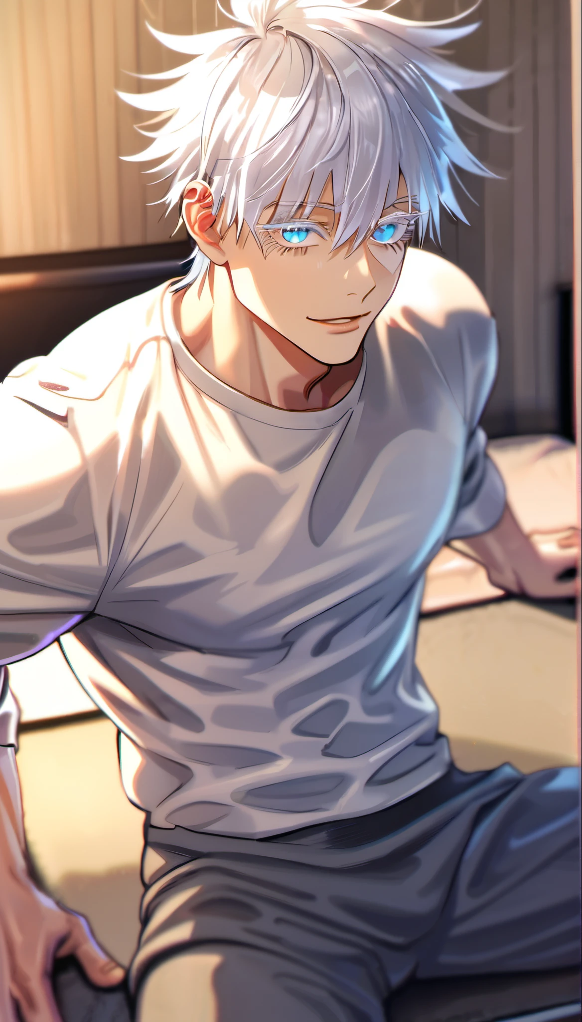 absurdres, highres, ultra detailed, HDR, master piece, Gojou Satoru, white hair with bangs, white eyelashes, colored eyelashes, expressive blue eyes, hair between the eyes, white long sleeve top, gray training pants, Jujutsu Kaisen, sexy man sitting, bedroom, muscular, handsome, best quality, solo, romantic lighting, handsome smile, horny, sensual