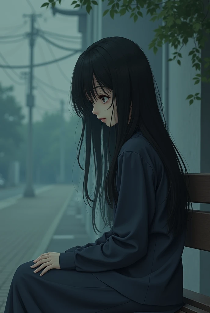 Creat a sad almost crying long black hair form side view girl waiting for boy on banch