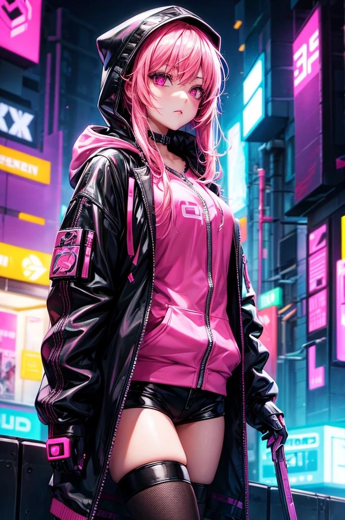 pretty girl, cyberpunk style, hood, neon lights, pink high-tech net clothing , parted lip , pink eyes