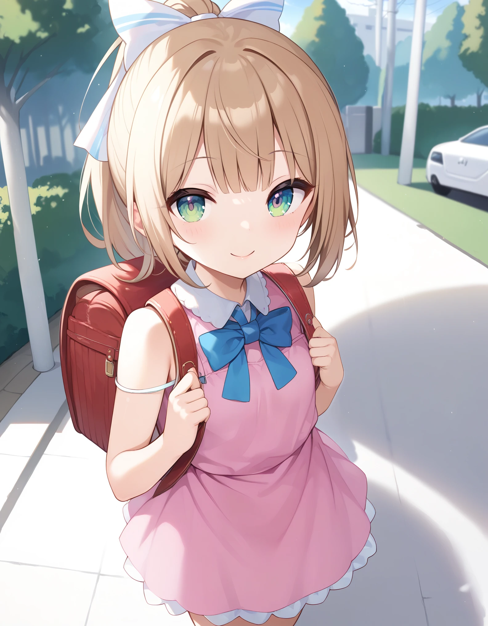 Masterpiece, hd, 1girl, cute girl, brown hair, smile, ponytail, hair ribbon, wearing cute dress, frilled dress,party dress, costume, colorful dress, bare shoulder, bowtie, standing, outdoor, park, smile, wearing randoseru backpack, standing 