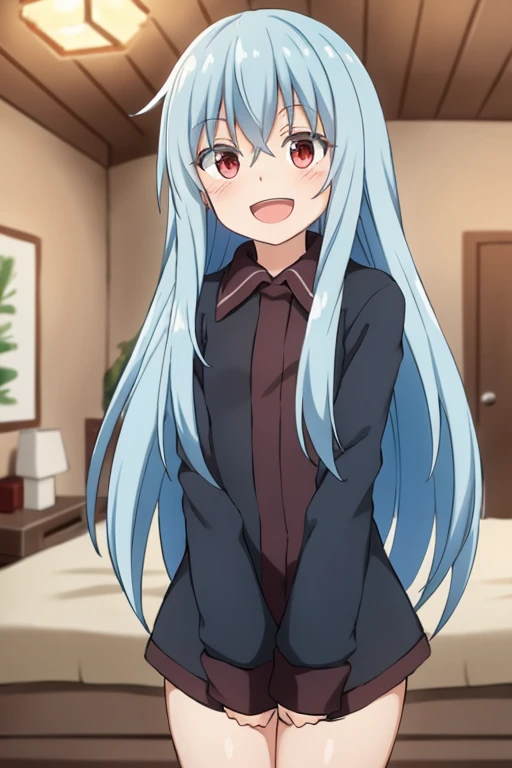 ((Highest quality)), ((masterpiece)), (be familiar with), Perfect Face, indoor, Bedroom, Watching the audience,
One woman, Rimuru=Tempest,
Open Mouth, Ecstatic expression, blush, smile,
Small breasts, Flat Chest, , , , Girl,
Long Hair, Long Hair,