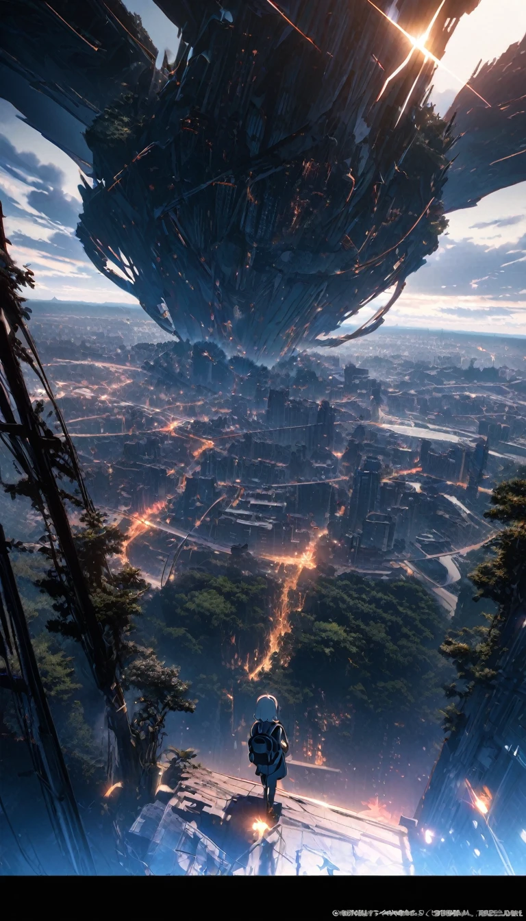 8k、RAW Photos、Highest quality、look up:1.2、masterpiece:1.2、Genuineistic、Ultra-high resolution、High Contrast、Photon Mapping、Genuine、Very detailed、Official Art, RAW Photos、professional Lighting、 Light、Vivid atmosphere、twiceLight) This anime scene、While carrying the atmosphere of Makoto Shinkai's work,、Expressing a post-apocalyptic world view。Looking out over the city skyline from the forest with a backpack、Evoking moving scenes like those of Makoto Shinkai'Work of.。 High-rise buildings in the city are covered with trees from the walls and windows々Jump out、Buildings are covered with lush jungle.、It depicts a futuristic landscape where nature and the city are fused.。A city bathed in bright sunlighuggests a bright and hopeful future.。 A girl trying to enter the buildings of the city、It symbolizes young people trying to leap into society.。and、A pure white cat beside me、As a familiar presence、Observing a girl'A journey。 This scene、Following the style of Makoto Shinkai、It depicts a unique post-apocalyptic anime world.。