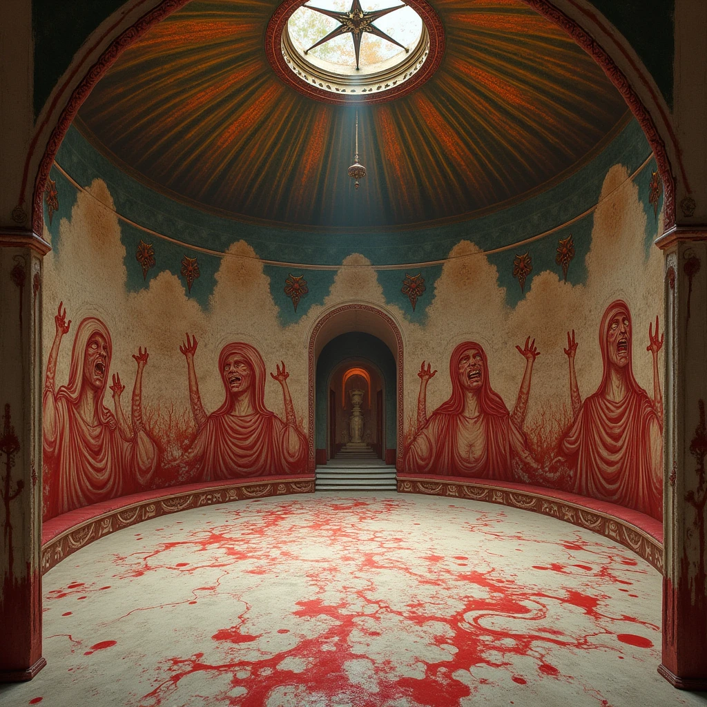 My eyes
instead traced the frescoes on the wall—beautiful and terrible paintings depicting razor-teethed vampires writhing in a sea of blood beneath silver stars. The arrangement stretched the entire room. This private training ring was reserved for Vincent and his highest-ranking warriors, and it was more disgustingly ornate than any place meant for spit, blood, and sweat should be. The floor was soft ivory sand replaced from the dunes every week. The fresco covered the circular, windowless wal