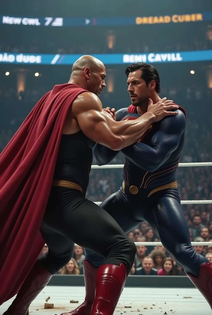 A highly detailed, cinematic scene of Black Adam, played by Dwayne "The Rock" Johnson, and Superman, portrayed by Henry Cavill, engaged in an intense wrestling match on a WWE wrestling stage, with dynamic camera angles, dramatic lighting, and a sense of raw power and spectacle. Muscular, photorealistic character designs, intricate costume details, sweat-soaked skin, grappling moves, debris, and a crowd cheering in the background. Cinematic camera angles, dynamic action, and a gripping, high-stakes confrontation between the two iconic superhero characters.