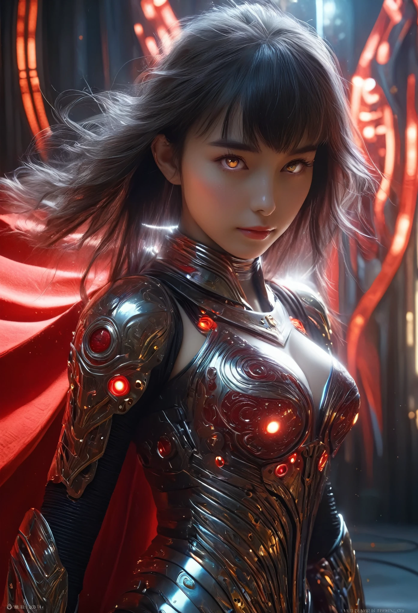 (Best Quality, 4K, 8K, High Resolution, Masterpiece: 1.2), (Super Detailed, Realistic, Photorealistic:1.37), A woman in futuristic clothing, Trending on cgstation, Trending on cgstation, (Portrait of a girl in the Knights of the Zodiac:1.4), blunt bangs, Cute Cyborg Girl, Perfect android girl, Portrait Astronaut Girl, Beautiful girl cyborg, (Girl wearing iridescent and red black mechanical cyber armor:1.3), Game CG, cgsociety and fenghua zhong, Beautiful Cyborg Shrine Maiden, Bioluminescence, (Yua Yaiba:0.5), (Golden eyes:1.5), Anatomically correct grip, (Sharp and long claws:1.4), erotic and sexy, black, wearing A gorgeous cape with beautifully detailed embroidery, (beautiful tits, beautiful breasts, beautiful nipples:1.5), (NSFW:1.5)