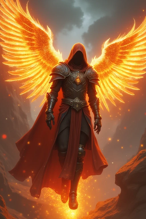 ((Demacia knigth)) (Precious Armor )(masculine ) (guerrero)( 15-year-old boy) ( with mixed skin complexion) (With gleaming wings adorned with hieroglyphs written on them ) (ready to attack) ( Their face covered with a hood) (levitating, With a Fire Aura) ( His face is not seen)
