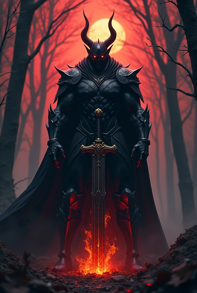 Black demon in black armor, looking back with his red eyes,Stab the two-handed sword into the ground(flames),Hold the hilt of the sword with both hands(long nails),Black Cape,Otherworldly Armor,reds color line,dark Forest,sunset lights hit him,colorfull and high contrasr,Cloak fluttering in the wind,(Wear a black robe over your armor)