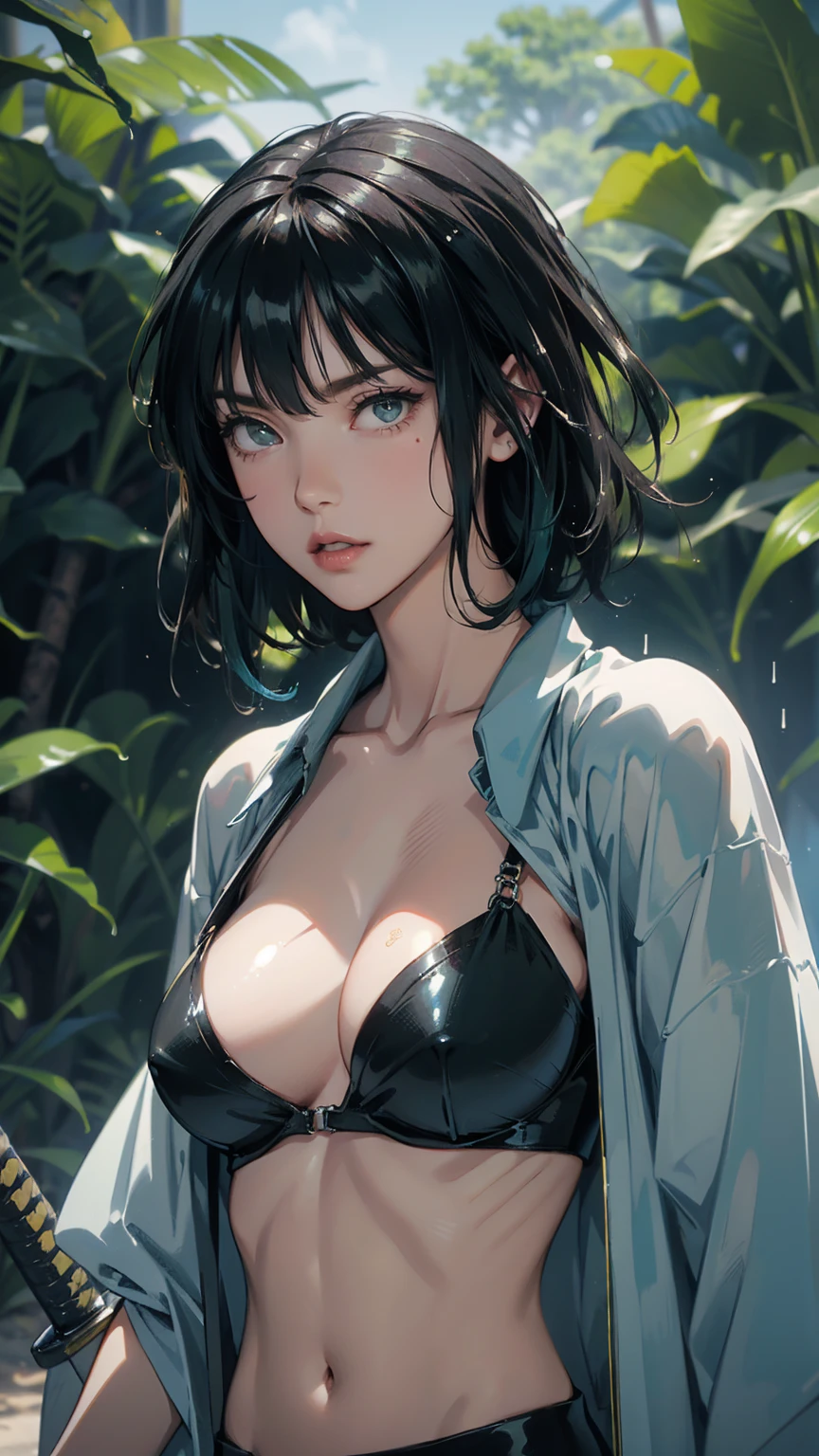 （lifelike， high - resolution：1.3）， 1 girl with a perfect body，slender body, Super fine face and eyes，assasin, dark makeup, shiny skin， blue green hair, blue highlights, blunt bangs, (toned stomach)，Expose cleavage, (bracelets, tooth jewelry, a lot of necklaces, very long necklaces, necklaces down to stomach, body chains, waist chains, slender body, skinny), (post apocalyptic future, jungle wasteland. torn clothes, torn to shreds kimono, katana), (wet skin, shiny skin), large breasts, (((savagelands, katana)))