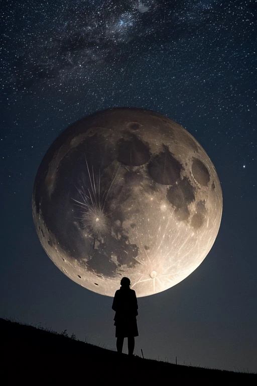 Highest quality,Big moon and shadow,A silhouette of a person can be seen against the backdrop of a large moon.,There is one full moon,There is a mood,Beautiful scenery,Starry Sky