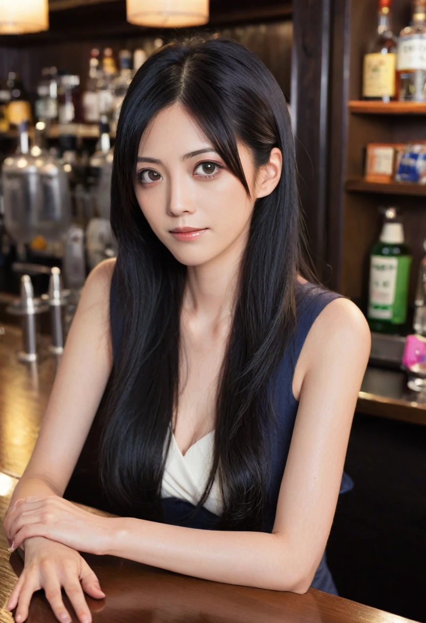 Rin Okamoto、Japanese women、Age 35、Long black hair、Sitting at the bar counter、Sharp, narrow eyes