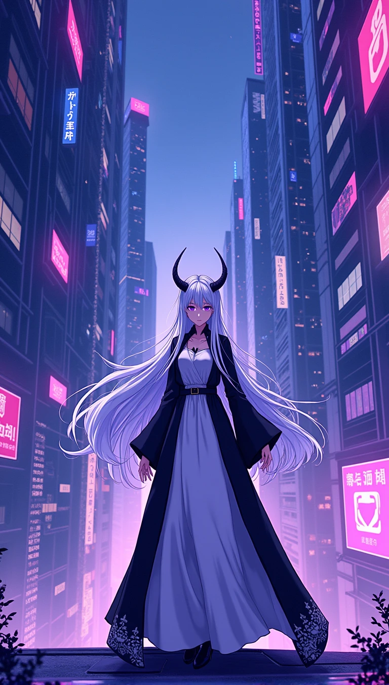 full body photo, woman standing in above the city, women looking at the viewer, facing the viewer, body facing the viewer, body facing front, face visible, body facing camera, long dress plain outfit, simple outfit, sfw outfit, outfit covers her legs and chest, outfit in black and white, white long hair flowing in the wind, with horns, background is cyberpunk, dystopia, alien city, purple, blue, and pink lights, dark vibes, bloomy, lonely, dispair, final fantasy, masterpiece, obra maestra, bloom, detailed, high quality