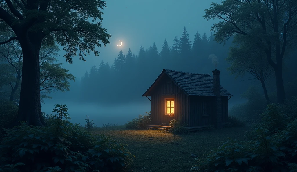 A 4K image of a solitary, rustic hut in a dense, misty forest. The hut has a small chimney with a faint plume of smoke, and a soft, warm light filters through its window, casting a gentle, inviting glow. The surroundings are lush and overgrown with dense trees and underbrush, enhancing the feeling of seclusion. The night sky is visible above through breaks in the foliage, dotted with stars and a crescent moon. The soft light from the window reflects off the misty atmosphere, creating a mysterious and enchanting ambiance.