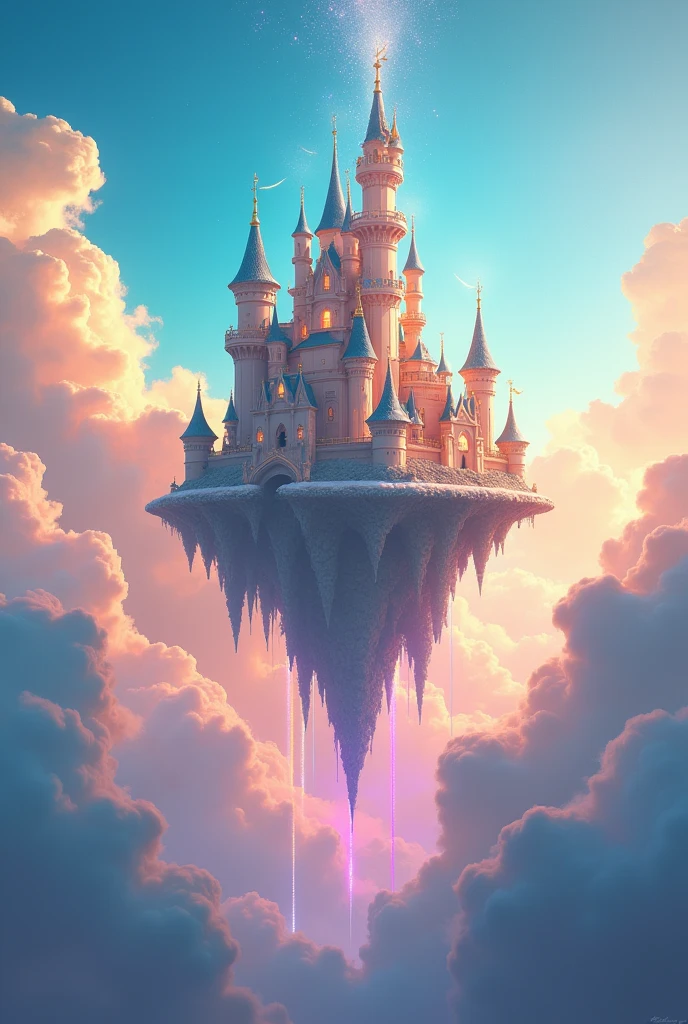 First day,Sky blue,There is a castle in the sky.,There are a lot of clouds around, Feiyun Castle, A huge floating castle, Dream Castle, high Dream Castle, Flying Castle, Magic Castle, Castle floating in the air, The floating palace, Fantasy Very Detailed, Sky Castle Style, An epic castle with towering spires, futuristic castle, magic fantasy,window very detailed,sky has seven-colored light,Warm feeling,Romantic and cozy