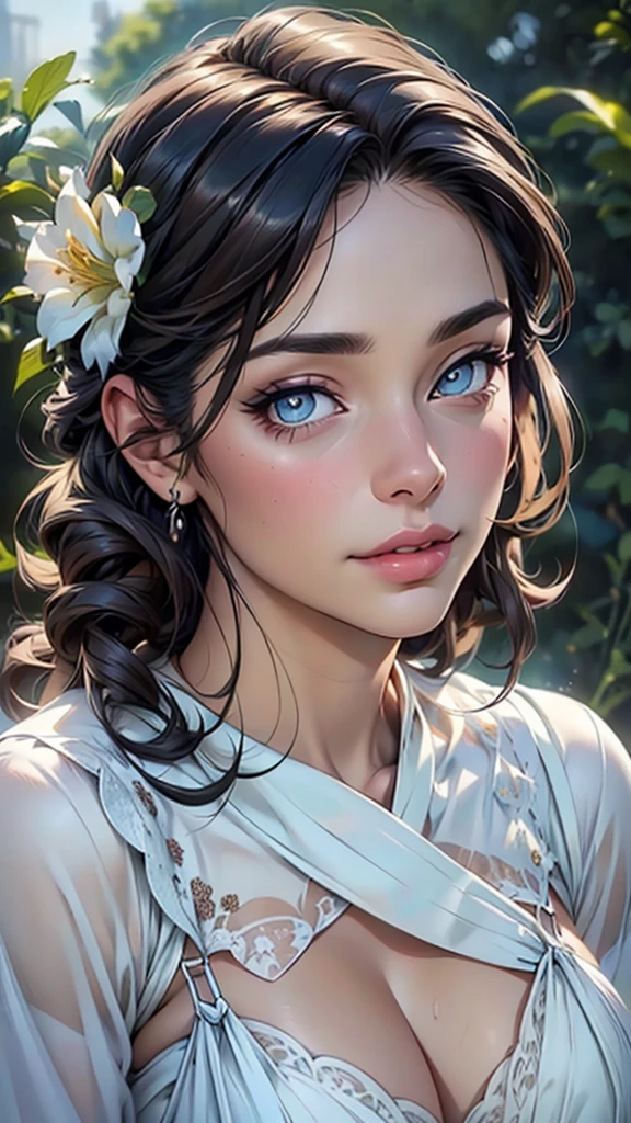 (top quality,4K,8 K,a high resolution,masterpiece:1.2),super detailed,(realistic,photorealistic,photo-realistic:1.37),detailed and beautiful eyes,thick and beautiful lips,very detailed eyes and face,long eyelashes,[USA, bright colors,soft natural light,romantic atmosphere,bright flowers, flowy dress,feminine and elegant pose,Happy and confident look, Haute Couture Style, Dreamy landscapes, Artistic portrait, quality of art printing, oil painting techniques, impressionistic style.