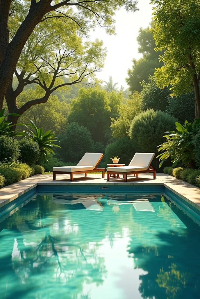A poolside area in a luxurious garden, with two sun loungers positioned near the water. The pool's surface is calm, reflecting the bright midday sun. The surrounding garden is lush, with well-maintained greenery and trees providing shade. The atmosphere is peaceful and inviting."Realista, cinematic,8k