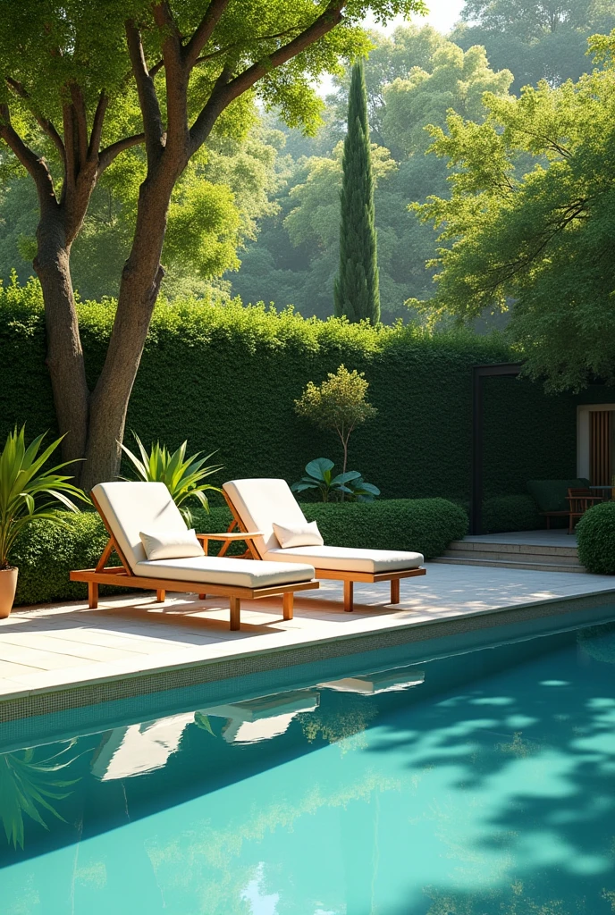 A poolside area in a luxurious garden, with two sun loungers positioned near the water. The pool's surface is calm, reflecting the bright midday sun. The surrounding garden is lush, with well-maintained greenery and trees providing shade. The atmosphere is peaceful and inviting."Realista, cinematic,8k 