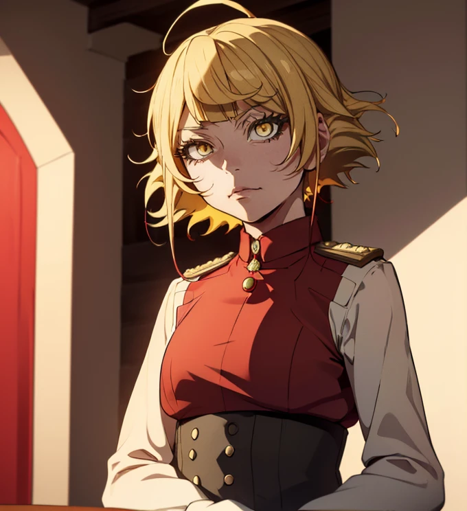 Himiko Toga, ,,(Alone),Himiko toga,(boku no hero academia),(short blonde hair with two messy pulps in her hair and yellow eyes with cat pupils),(Wearing),+,Wearing),+,(\A female character dressed in a short red dress with a super short and sensual skirt, fitted to the body, with white details on the cuffs and collar. She wears white gloves and a traditional red and white Christmas hat, completing the look with red boots.")/,+,(\Facing the front of the fourth wall looking at the fourth wall:1.5)/