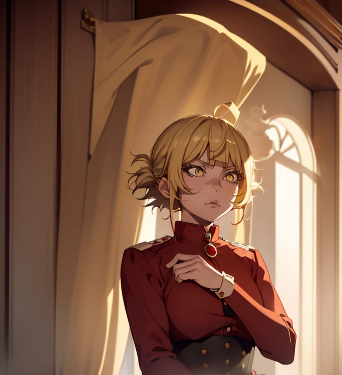 Himiko Toga, ,,(Alone),Himiko toga,(boku no hero academia),(short blonde hair with two messy pulps in her hair and yellow eyes with cat pupils),(Wearing),+,Wearing),+,(\A female character dressed in a short red dress with a super short and sensual skirt, fitted to the body, with white details on the cuffs and collar. She wears white gloves and a traditional red and white Christmas hat, completing the look with red boots.")/,+,(\Facing the front of the fourth wall looking at the fourth wall:1.5)/