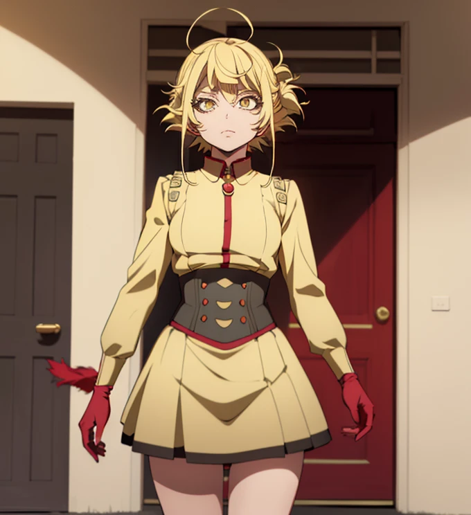 Himiko Toga, ,,(Alone),Himiko toga,(boku no hero academia),(short blonde hair with two messy pulps in her hair and yellow eyes with cat pupils),(Wearing),+,Wearing),+,(\A female character dressed in a short red dress with a super short and sensual skirt, fitted to the body, with white details on the cuffs and collar. She wears white gloves and a traditional red and white Christmas hat, completing the look with red boots.")/,+,(\Facing the front of the fourth wall looking at the fourth wall:1.5)/