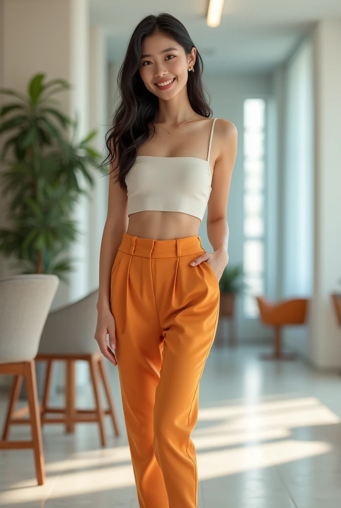 "Create an image of an 18-year-old Asian woman engaged in marketing, with a cute face and a smile. The image should be full-body, with a slightly revealing outfit, showcasing a youthful appearance."