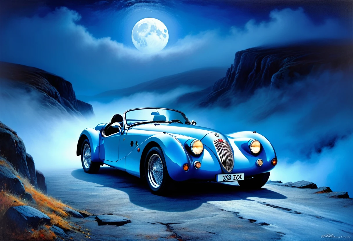 An old car Wiesmann MF 3 Roadster on a cliff
shrouded in a mysterious blue fog on a full moon (inspired by William Turner)(masterpiece, top quality, best quality, official art,
 beautiful and aesthetic:1.2) very dark colorful, ((oil painting palette)) extreme detail, perspective, 8k