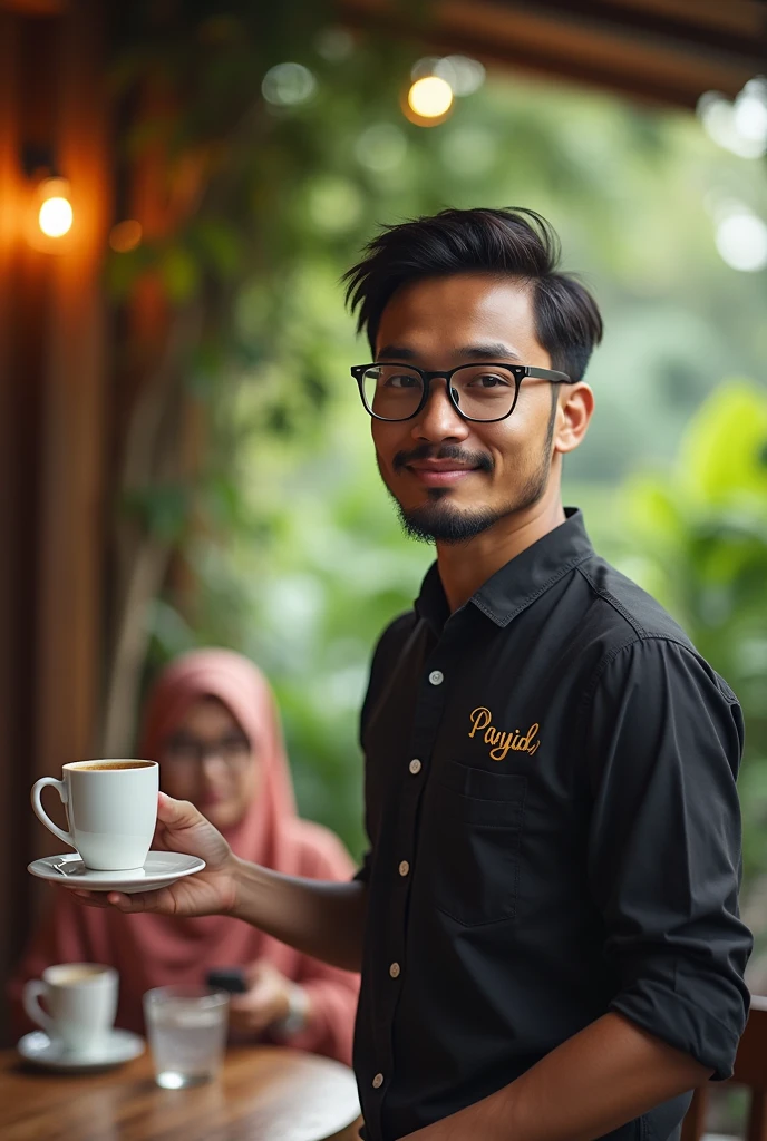 created a hensom man with a slightly medium body, glasses, Malay face, 27 year, very little short, thin, and neat beard and mustache. Barista shirt, he was a restaurant waiter who delivered a cup of warm coffee to are women hijab, glasses, sitting are chair, The Barista Shirt making word Gold inscription "payid", the background is outside village cafe. the image is very detailed, super HD