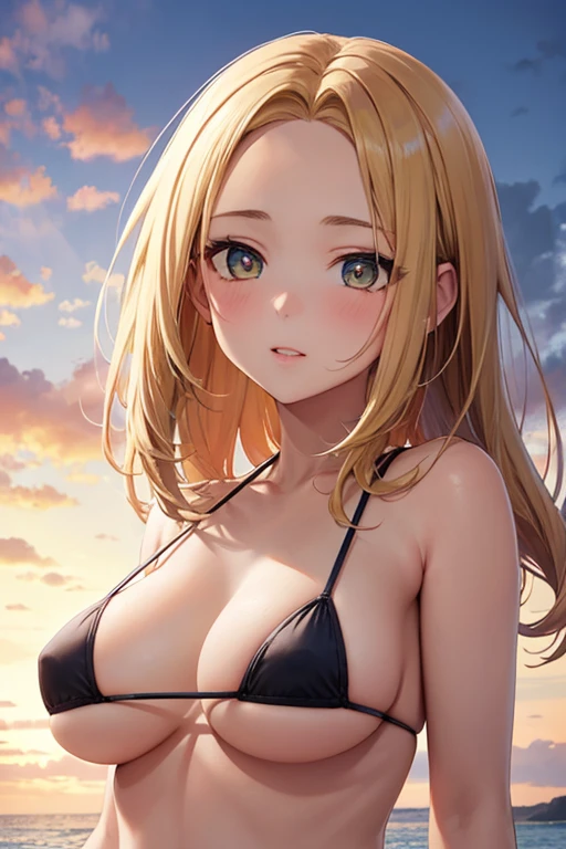 One Woman, Highest quality, masterpiece, Super Resolution, super high quality, Large Breasts, Idol, Beauty, ((From the front 1.2)), Cleavage, 8k, High resolution eyes, High-resolution contours, ((Forehead visible 1.3)), Stylish, High-resolution pupils, blush, High resolution face, High resolution breasts, Ultra HD, Open your mouth, Upper Body, High resolution mouth, Sexy body, ((coolな顔2.0)), ((Slanted Eyes 2.0)), Broken bangs, Yellow Eyes, model, Mature Woman, Adult women, Beautiful clavicle, High resolution hair, Mother, maternal, Married Woman, couple, super beautiful, Charm, Alluring, Blonde, Textured skin, Textured Breasts, Micro Bikini, Underboob, Sideboob, Beach, sunset, ((Item 2.0)), cool,