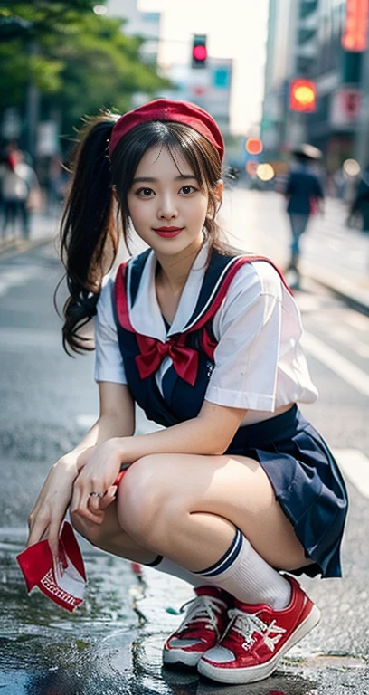 (A youthful gorgeous Japanese idol, wearing a wet Seifuku:1.2, WetSerafuku1:2, school uniform, sailor moon, jk uniform, high-school uniform, pleated mini-skirt, red ribbon, red bowtie, sailor hat, knee-high socks, BTTF_Sneakers, Tokyo Shibuya Scramble Crossing, city street, night sky, squatting, or sitting with legs closed on,
(Rain:1.3*k
Easygoing expressions, kind smile, dimpled cheek, cute snaggle-tooth, short bob hair, double ponytail, symmetrical face, realistic detailed face, beautiful eyes, beautiful detailed eyes, long legs, perfect body proportions, hourglass figure, ample round bosoms, medium breasts,
Raw photo, photorealistic, realistic portrait, hyper-realism, high contrast, ultra HD, UHD, realistic skin textures, top image quality, top-quality, super high resolution, fine details, very meticulously, masterpiece, vivid colours, medium shot, close-up shot, cowboy shot, High Angle Shot, Professional Lighting, bokeh_background, SFW, Safe For Work)