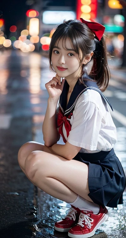 (A youthful gorgeous Japanese idol, wearing a wet Seifuku:1.2, WetSerafuku1:2, school uniform, sailor moon, jk uniform, high-school uniform, pleated mini-skirt, red ribbon, red bowtie, sailor hat, knee-high socks, BTTF_Sneakers, Tokyo Shibuya Scramble Crossing, city street, night sky, squatting, or sitting with legs closed on,
(Rain:1.3*k
Easygoing expressions, kind smile, dimpled cheek, cute snaggle-tooth, short bob hair, double ponytail, symmetrical face, realistic detailed face, beautiful eyes, beautiful detailed eyes, long legs, perfect body proportions, hourglass figure, ample round bosoms, medium breasts,
Raw photo, photorealistic, realistic portrait, hyper-realism, high contrast, ultra HD, UHD, realistic skin textures, top image quality, top-quality, super high resolution, fine details, very meticulously, masterpiece, vivid colours, medium shot, close-up shot, cowboy shot, High Angle Shot, Professional Lighting, bokeh_background, SFW, Safe For Work)