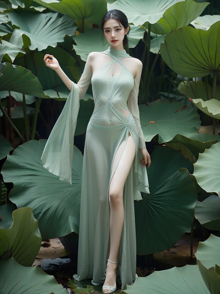 One person, alone,(Lotus),Cute green dress,Lotus leaf fairy,Anatomically correct,Ultra Clear,masterpiece,3d,Skin Texture,Realistic, stand