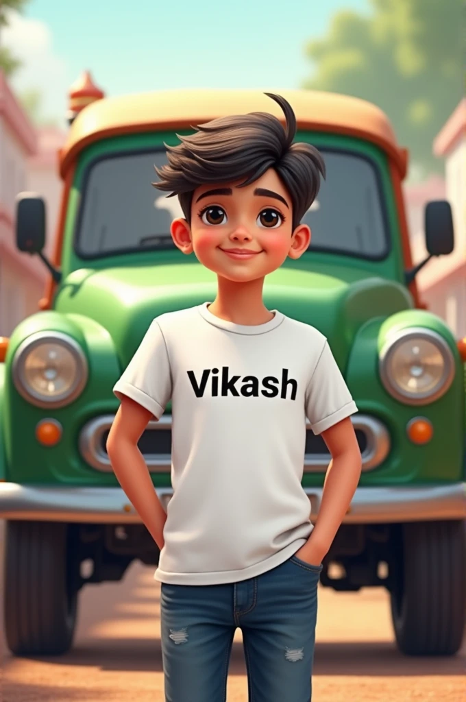 Ek smart boy ka image banao jo white t shirt pahna rahe aur us par vikash likha ho aur ek gadi ke samne khada ho jo independence day jaisa ho