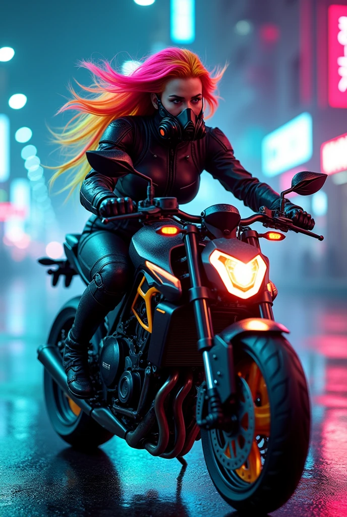 A striking image of a futuristic, cyberpunk warrior riding a high-tech motorcycle through a neon-lit cityscape. The woman is adorned in sleek, black tactical armor that glistens with hints of neon lights, emphasizing her role as a powerful and skilled rider. Her vibrant, multicolored hair flows dramatically, transitioning from hot pink to orange, yellow, green, and blue, adding a vibrant contrast to her dark outfit. She wears a high-tech respirator mask, further enhancing her mysterious and formidable presence. The motorcycle itself is a marvel of technology, with glowing neon accents and a sleek, aerodynamic design, perfectly complementing the cyberpunk aesthetic. The atmosphere is charged with energy, as the neon lights reflect off the wet streets, creating a dynamic and electrifying scene.

(((cyberpunk warrior on futuristic motorcycle))), medium shot, neon lighting, dynamic pose BREAK ((best quality:1.6)), ((high details:1.5)), ((highres:1.5)), ((4K:1.5)), ((vibrant hair:1.3)), ((sleek armor:1.3)) BREAK inspired by the styles of Greg Rutkowski | Josan Gonzalez | Beeple | Masamune Shirow.