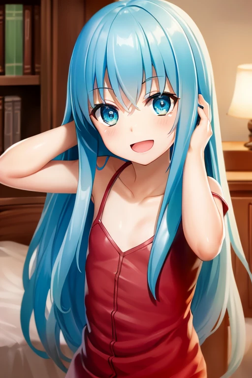 ((Highest quality)), ((masterpiece)), (be familiar with), Perfect Face, indoor, Bedroom, Watching the audience,
One woman, Rimuru=Tempest,
Open Mouth, Ecstatic expression, blush, smile,
Small breasts, Flat Chest, , , child, Girl,
Long Hair, Long Hair,