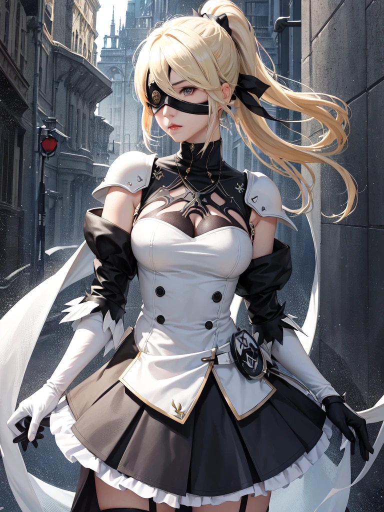 (Ultra extreme detailed),(Masterpiece),(Ultra extreme),(Realistic),CG,(color:1.2), Strong lighting,Light from behind,evaluation:Safety,One blonde, one alone., black,Blonde ponytail,length hair,blue eyes,white_gloves,garter_strap,absolute_ryouiki,Pleats_skirt,white_skirt,blackcolorストーキング,expensive_Heel,white shrite,length_sleeve,black_Cape,short_whiteい鎧,Shoulder guard、Armor on the chest、Nier Automata((Eye patch (both eyes)、Blindfold))