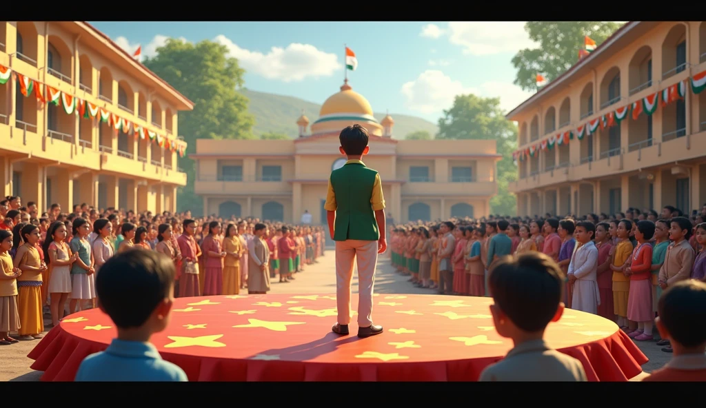 The village school would organize a grand celebration on Independence Day, with songs, dances, and speeches. This year, Arjun was especially excited because he had been chosen to give a speech about the freedom fighters who had fought bravely for India’s independence. 3d render cinematic 
