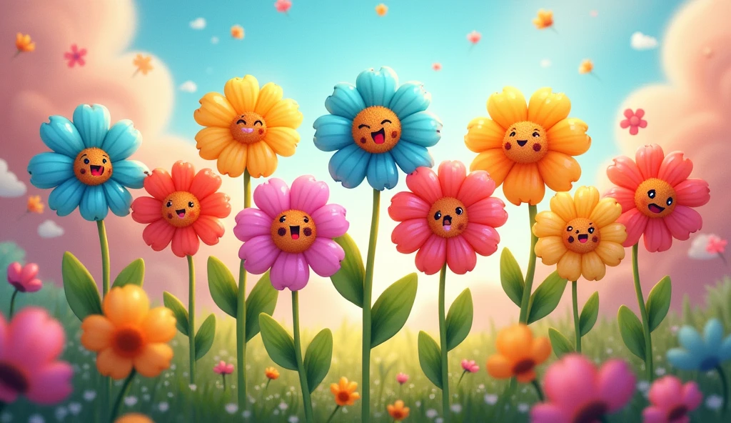 Seven cartoon 
flowers bloom in a rainbow of colors around them