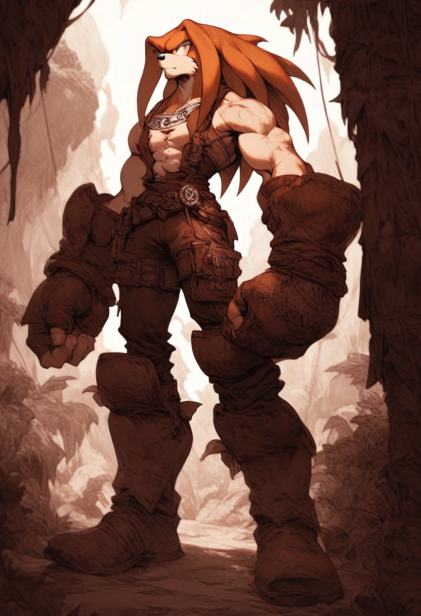 a anthropomorphic furry red echidna buff,muscular wearing a hunter outfit,scars,Sonic the Hedgehog,guardian,Knuckles,thick,90’s style. He’s androgynous, a sensual ,cool expression,full body.The scene has a cool,sweet,sexual,Panzer Dragoon style and a vibrant tone. Jungle setting in the background