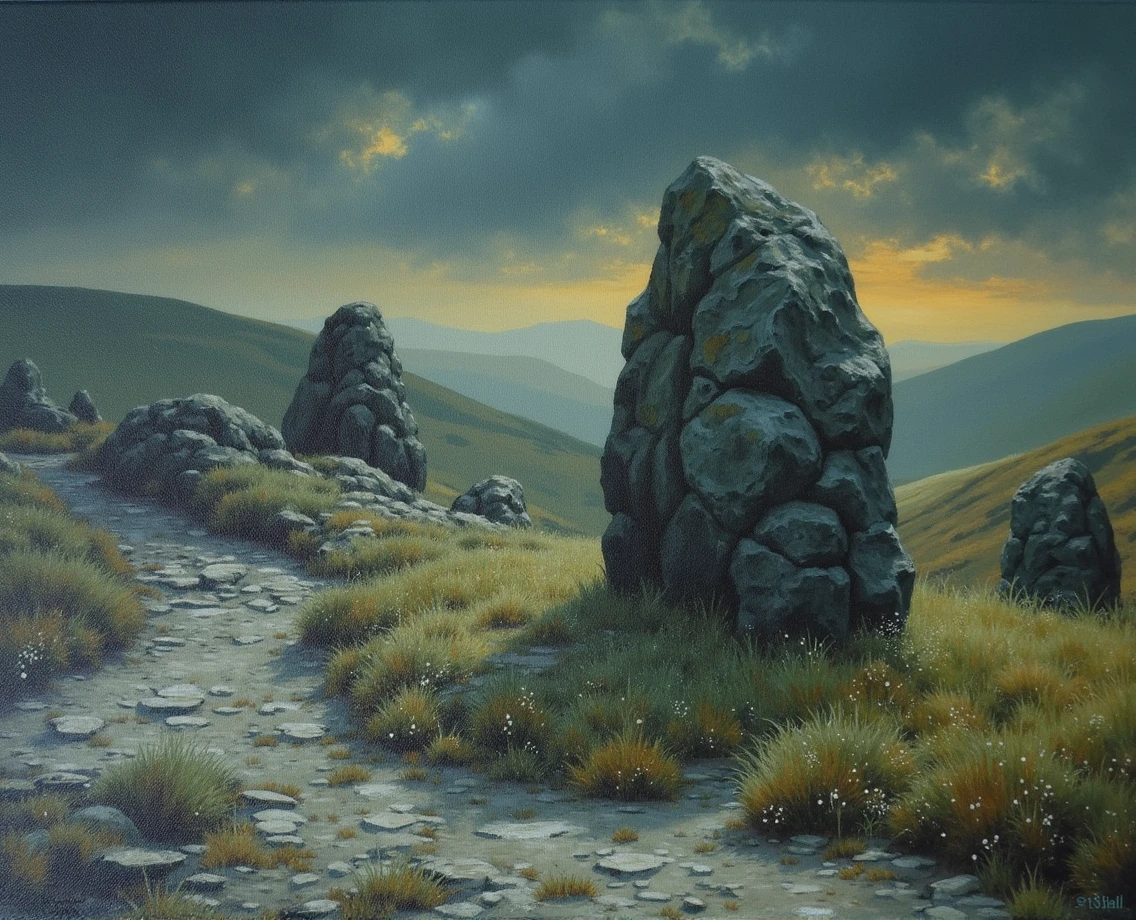Peak District, stones, rocks, haze, mist, diffusion light, bright golden hour, oil painting , Turner style