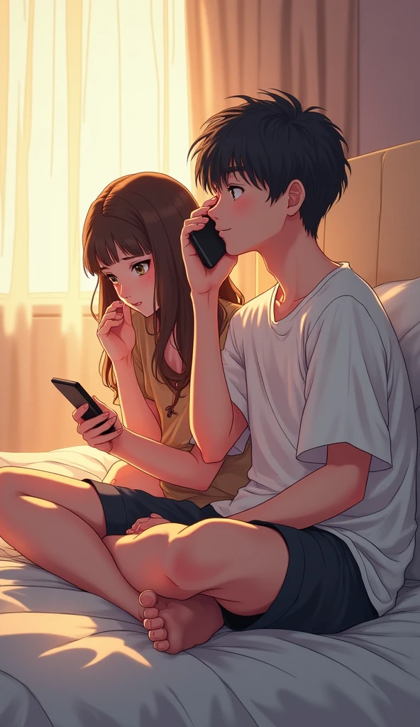 Boy seat on bed  anime boy 20 to 22 years old , talking on mobile phone , his left side seat a girl 

