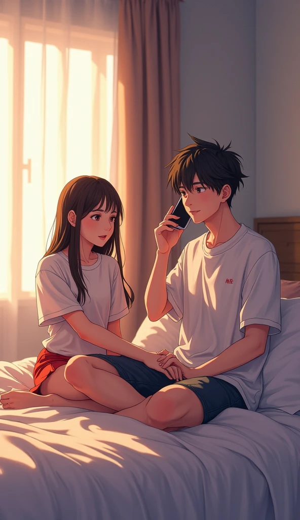 Boy seat on bed anime boy 20 to 22 years old , talking on mobile phone , his left side seat a girl