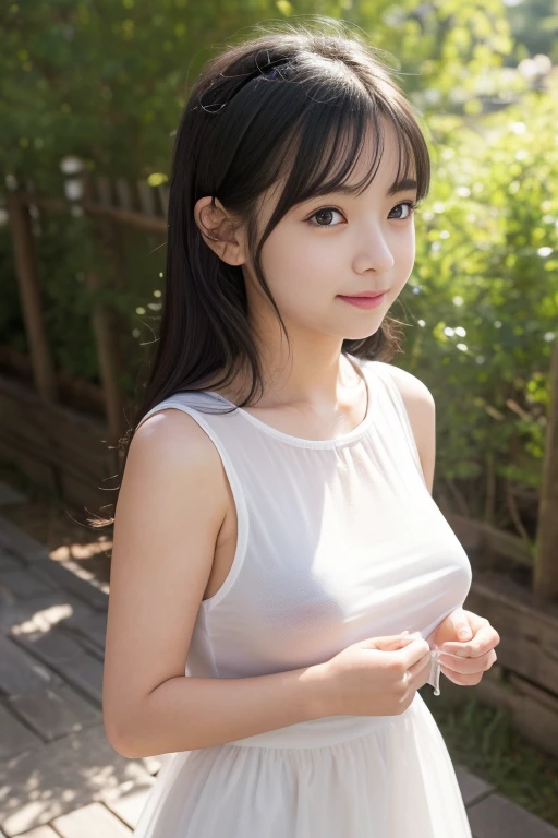 (8k),(masterpiece),(High resolution),(Realistic:1.4),Japanese,(),Childish:1.3,((Innocent look)),Pure,from the front,smile,((cute)),((超cute)),Innocent,Kind eyes,((Double Eyes)),(Dark Eyes),Beautiful eye and skin details,(Realistic skin texture:1.3),(((High nose:1.3))),White camisole dress,Her clothes are transparent and her skin is visible,(Clothes are see-through and nipples are visible),Turning,((Embarrassing:1.5)),((shy:1.5)),blush,Black Hair,Child's body shape:1.5,((thin)),summer,noon,bright,Corn field,Straw hat,(((Flat Chest:1.5)))