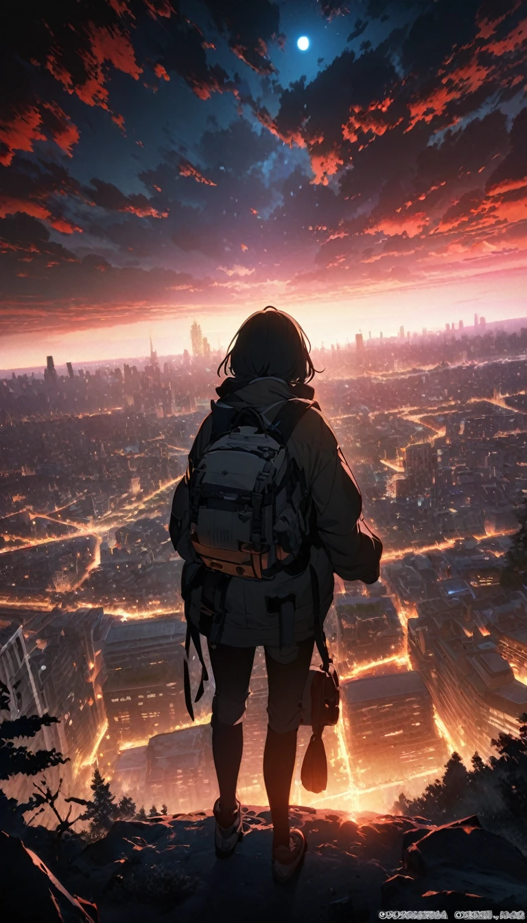 8k、RAW Photos、Highest quality、look up:1.2、masterpiece:1.2、Genuineistic、Ultra-high resolution、High Contrast、Photon Mapping、Genuine、Very detailed、Official Art, RAW Photos、professional Lighting、 Light、Vivid atmosphere、twiceLight) This anime scene、While carrying the atmosphere of Makoto Shinkai's work,、Expressing a post-apocalyptic world view。Looking out over the city skyline from the forest with a backpack、Evoking moving scenes like those of Makoto Shinkai'Work of.。 High-rise buildings in the city are covered with trees from the walls and windows々Jump out、Buildings are covered with lush jungle.、It depicts a futuristic landscape where nature and the city are fused.。A city bathed in bright sunlighuggests a bright and hopeful future.。 A girl trying to enter the buildings of the city、It symbolizes young people trying to leap into society.。and、A pure white cat beside me、As a familiar presence、Observing a girl'A journey。 This scene、Following the style of Makoto Shinkai、It depicts a unique post-apocalyptic anime world.。